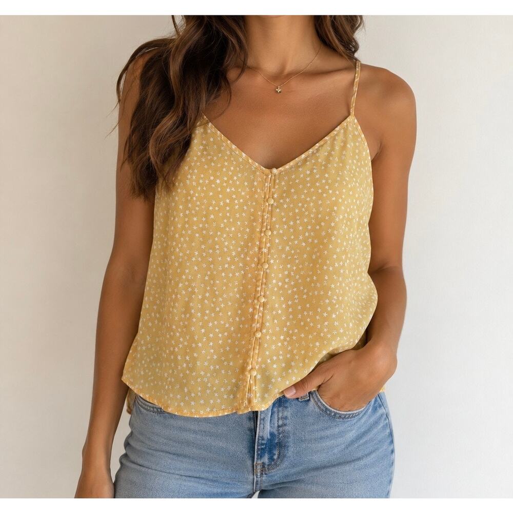 JAPNA Yellow Star Print Button Front Camisole Tank Top XL EUC